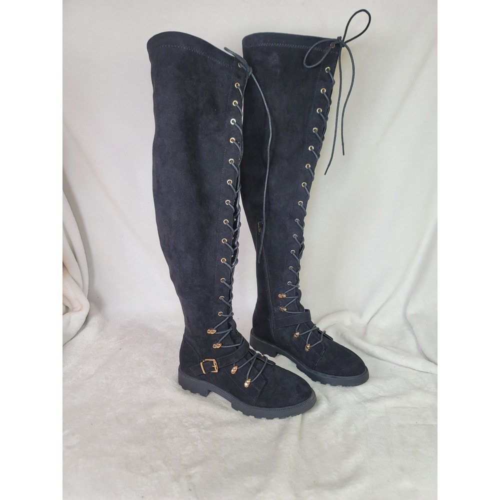 Dark Romantic Black Faux Suede Lace Up Over The Knee Boots Lug Sole 9 Steampunk